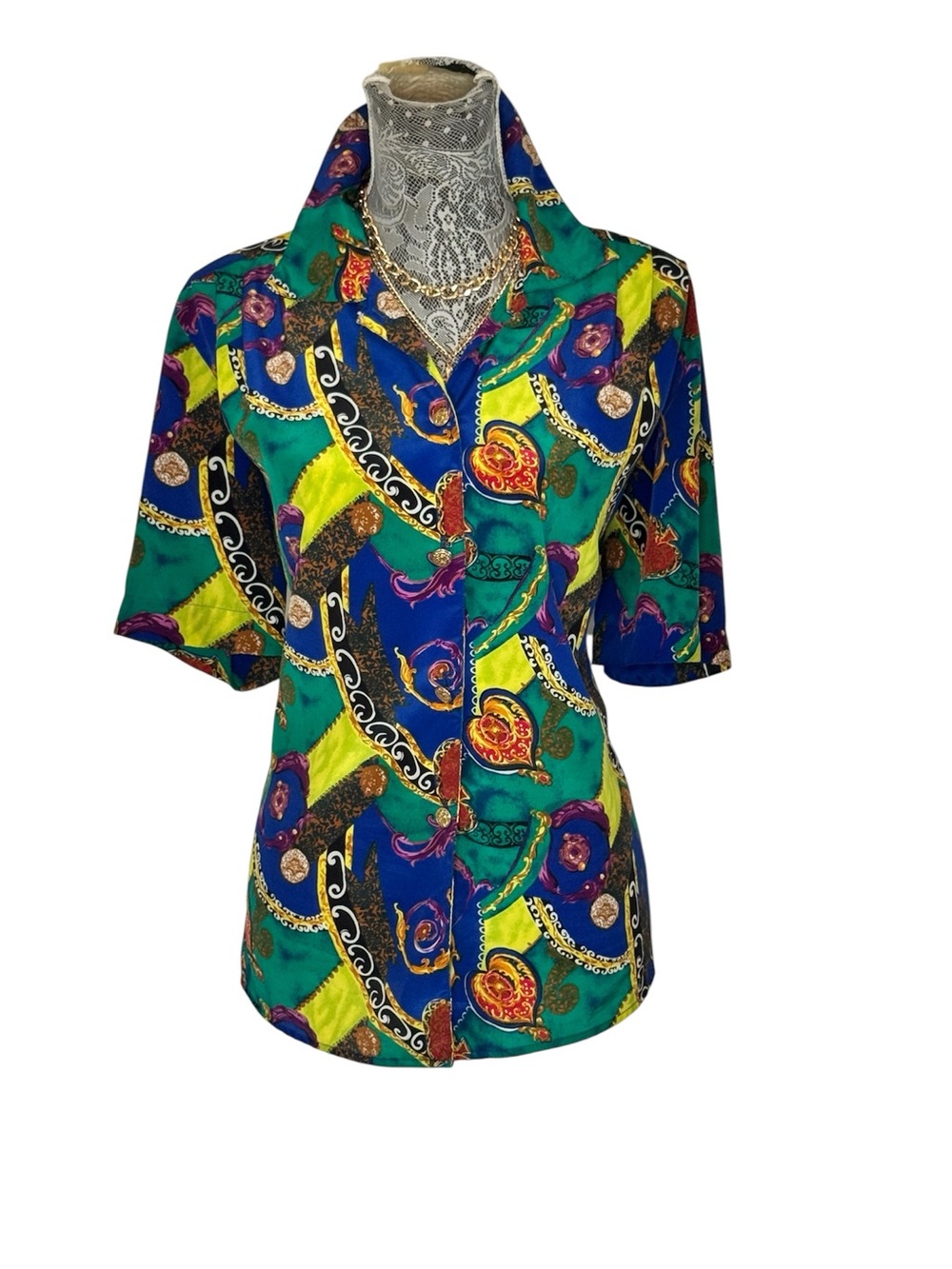 Vintage Notations Polyester Print Short Sleeved Work Office Blouse Size L